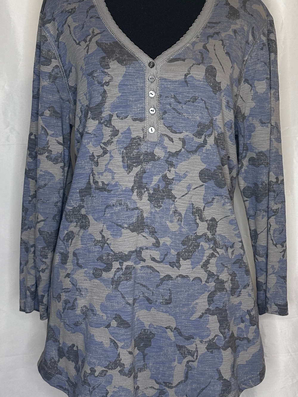 Chaps Blue and Gray Camo Henley Long Sleeve Tunic
